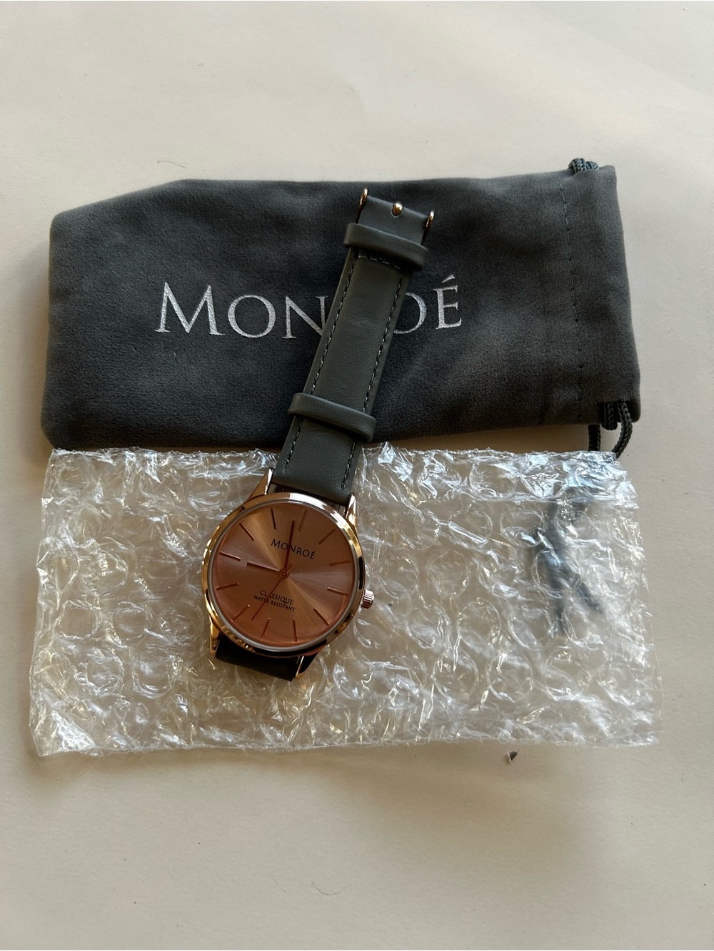 NEW MOROE Men's Rose Gold Dial Watch with Gray Leather Strap